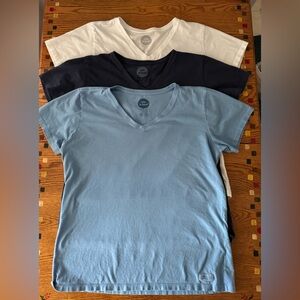 Life Is Good V-Neck T-Shirt Trio in White, Dark Blue, and Light Blue - 3 shirts